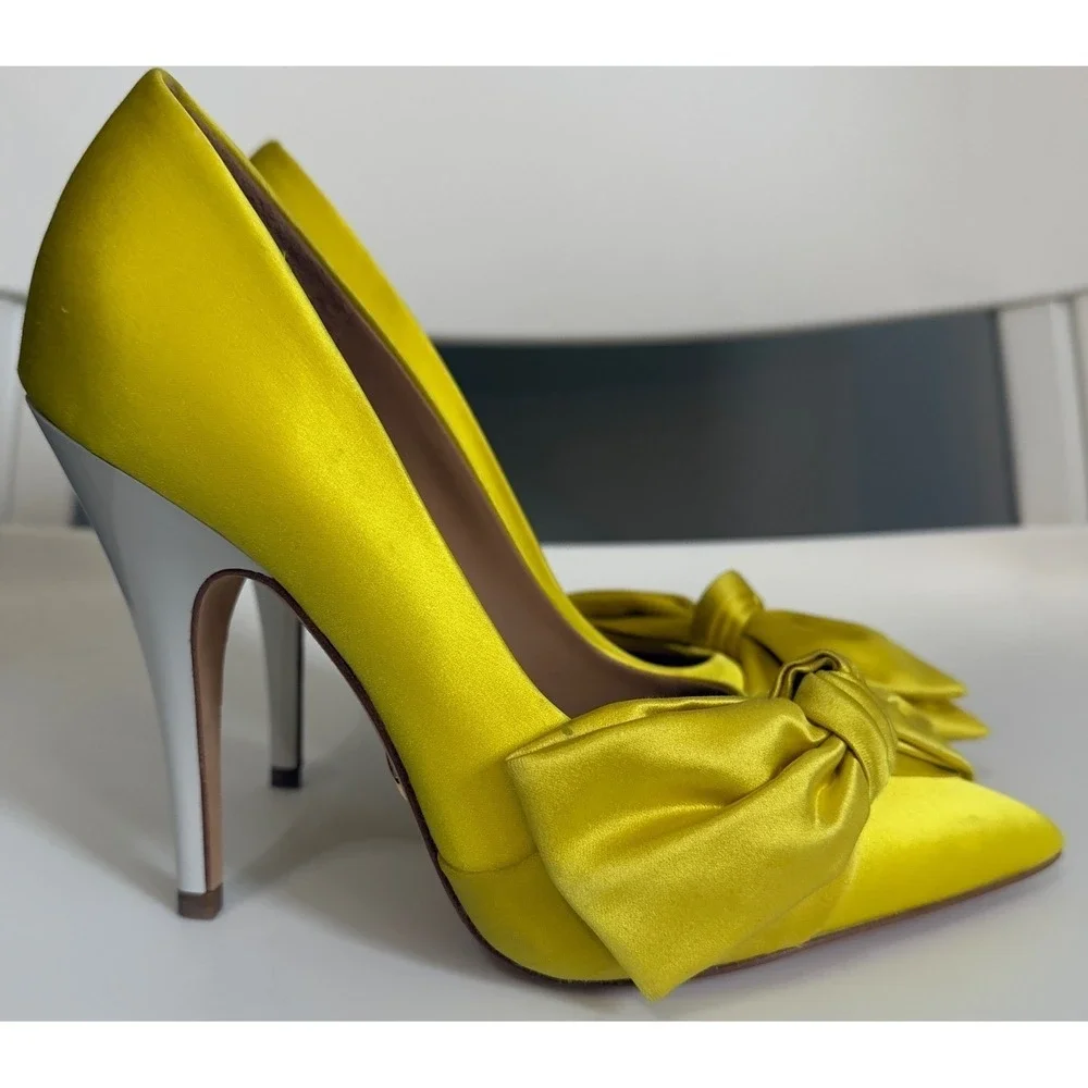 Tory‎ Burch Yellow Satin Bow Pointed Toe Pumps White Stiletto Heels Womens 5.5